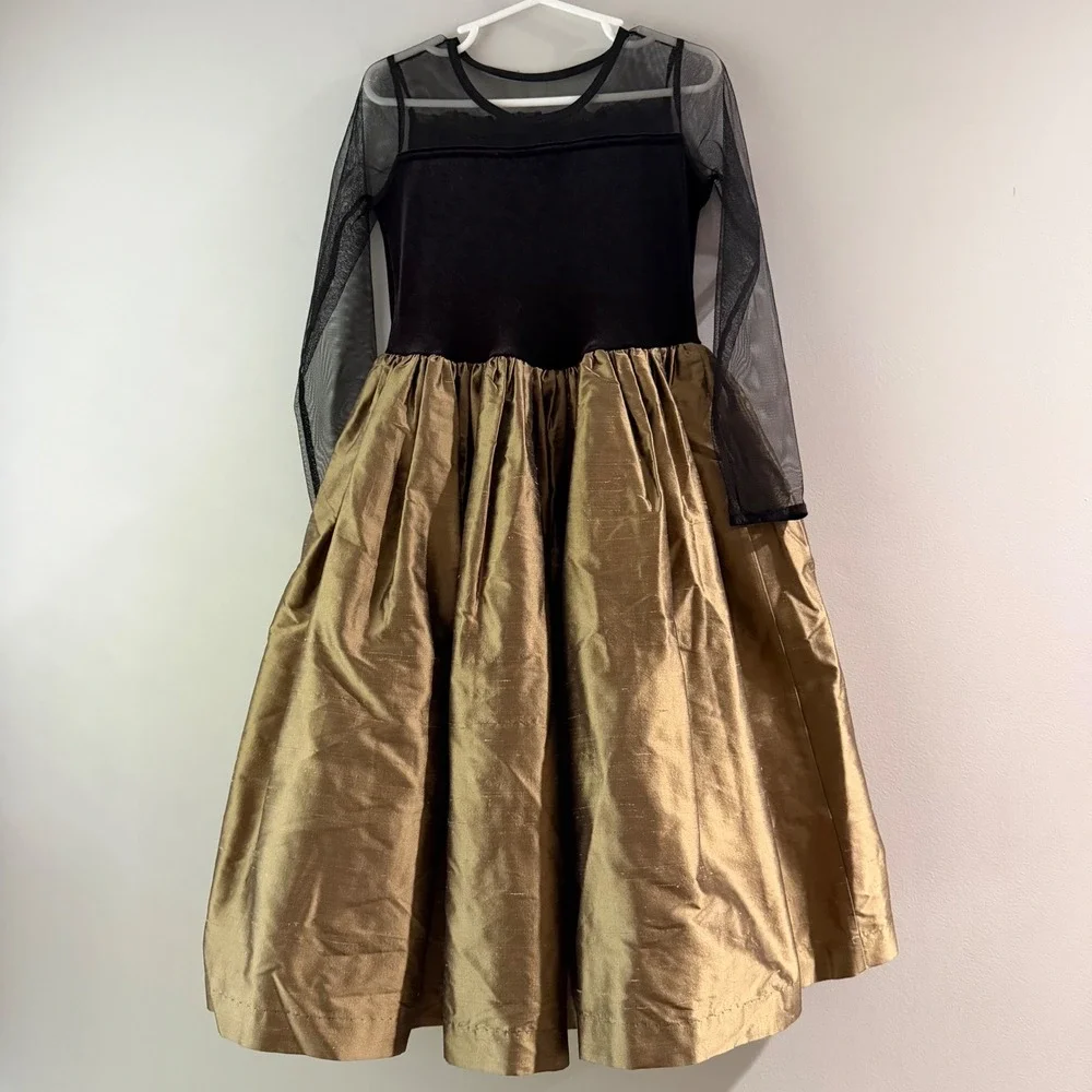 Vintage Formal Dress Girls 6 Black Gold Velvet Silk Skirt Mesh Sleeve Good